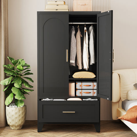 60" Tall Metal Wardrobe Cabinet with Drawer & Hanging Rod, 2-Door Steel Armoire Closet with Adjustable Shelf for Bedroom, Office, Laundry Room - Black