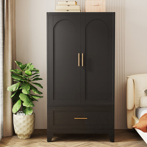 60" Tall Metal Wardrobe Cabinet with Drawer & Hanging Rod, 2-Door Steel Armoire Closet with Adjustable Shelf for Bedroom, Office, Laundry Room - Black