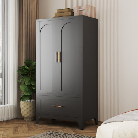 60" Tall Metal Wardrobe Cabinet with Drawer & Hanging Rod, 2-Door Steel Armoire Closet with Adjustable Shelf for Bedroom, Office, Laundry Room - Black