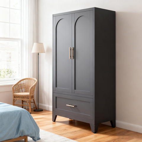 60" Tall Metal Wardrobe Cabinet with Drawer & Hanging Rod, 2-Door Steel Armoire Closet with Adjustable Shelf for Bedroom, Office, Laundry Room - Black