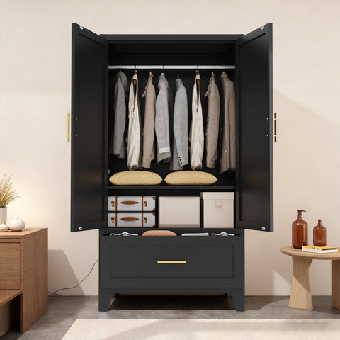 60" Tall Metal Wardrobe Cabinet with Drawer & Hanging Rod, 2-Door Steel Armoire Closet with Adjustable Shelf for Bedroom, Office, Laundry Room - Black