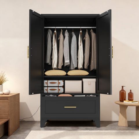 60" Tall Metal Wardrobe Cabinet with Drawer & Hanging Rod, 2-Door Steel Armoire Closet with Adjustable Shelf for Bedroom, Office, Laundry Room - Black