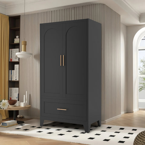 60" Tall Metal Wardrobe Cabinet with Drawer & Hanging Rod, 2-Door Steel Armoire Closet with Adjustable Shelf for Bedroom, Office, Laundry Room - Black
