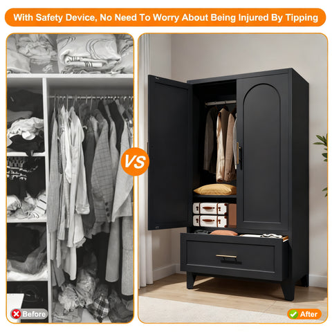 60" Tall Metal Wardrobe Cabinet with Drawer & Hanging Rod, 2-Door Steel Armoire Closet with Adjustable Shelf for Bedroom, Office, Laundry Room - Black