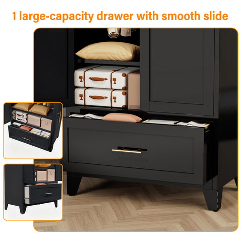 60" Tall Metal Wardrobe Cabinet with Drawer & Hanging Rod, 2-Door Steel Armoire Closet with Adjustable Shelf for Bedroom, Office, Laundry Room - Black