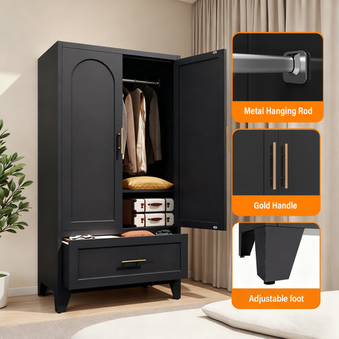 60" Tall Metal Wardrobe Cabinet with Drawer & Hanging Rod, 2-Door Steel Armoire Closet with Adjustable Shelf for Bedroom, Office, Laundry Room - Black