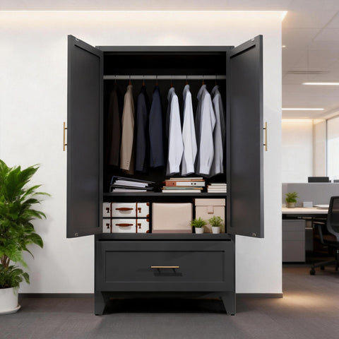 60" Tall Metal Wardrobe Cabinet with Drawer & Hanging Rod, 2-Door Steel Armoire Closet with Adjustable Shelf for Bedroom, Office, Laundry Room - Black