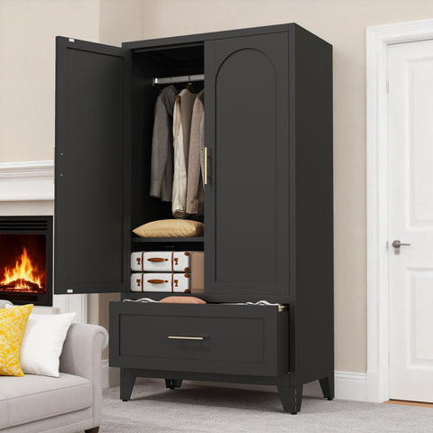 60" Tall Metal Wardrobe Cabinet with Drawer & Hanging Rod, 2-Door Steel Armoire Closet with Adjustable Shelf for Bedroom, Office, Laundry Room - Black