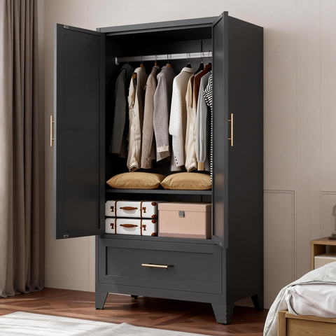 60" Tall Metal Wardrobe Cabinet with Drawer & Hanging Rod, 2-Door Steel Armoire Closet with Adjustable Shelf for Bedroom, Office, Laundry Room - Black