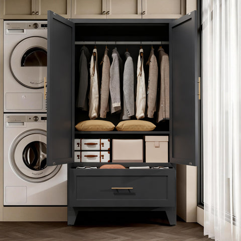 60" Tall Metal Wardrobe Cabinet with Drawer & Hanging Rod, 2-Door Steel Armoire Closet with Adjustable Shelf for Bedroom, Office, Laundry Room - Black