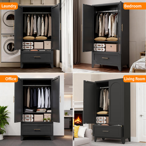 60" Tall Metal Wardrobe Cabinet with Drawer & Hanging Rod, 2-Door Steel Armoire Closet with Adjustable Shelf for Bedroom, Office, Laundry Room - Black