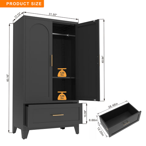60" Tall Metal Wardrobe Cabinet with Drawer & Hanging Rod, 2-Door Steel Armoire Closet with Adjustable Shelf for Bedroom, Office, Laundry Room - Black