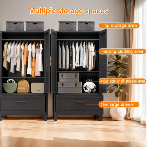 60" Tall Metal Wardrobe Cabinet with Drawer & Hanging Rod, 2-Door Steel Armoire Closet with Adjustable Shelf for Bedroom, Office, Laundry Room - Black